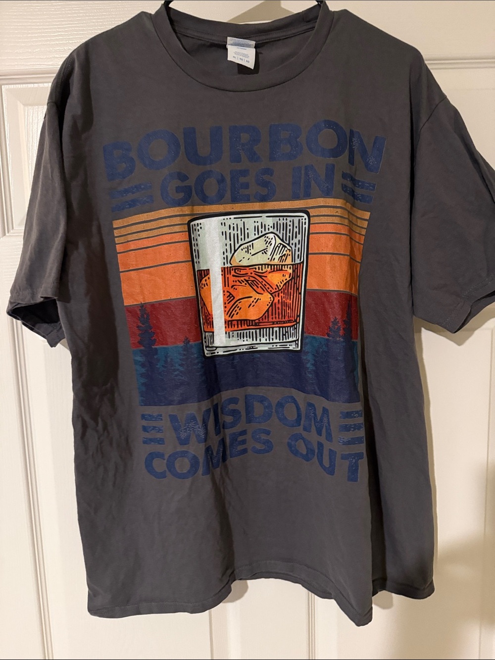 Port and Company Charcoal Short Sleeve Tee:  Bourbon goes in, wisdom comes out
